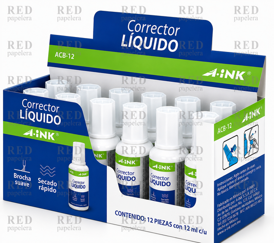 CORRECTOR LIQUIDO EN BROCHA DE 12 ML MARCA A-INK