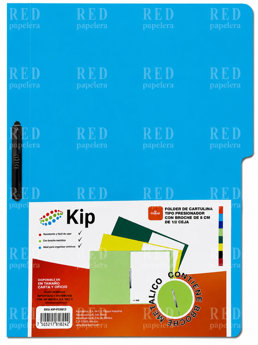 FOLDER DE CARTULINA TIPO PRESSBOARD CON BROCHE DE 8 CM DE 1/2 CEJA MARCA KIP COLOR AZUL